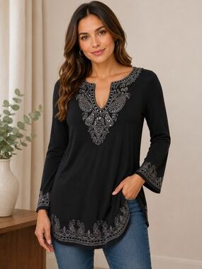 INC International Concepts Black Embroidered Tunic Top | Medium | Metallic V-Nec